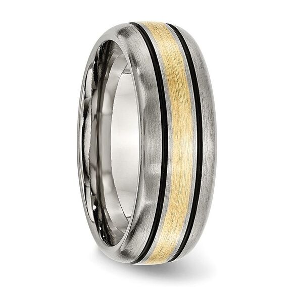 Kazi Luxury Titanium Antiqued & Brushed 14k Yellow Gold Inlay 8mm Grooved B&